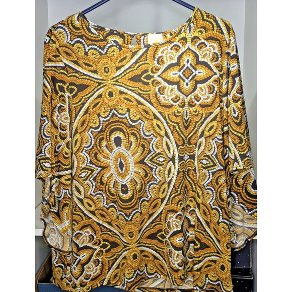 Chicos 2 Bell Sleeve Browns Golds Autumn Polyester Blend Stretch - Picture 1 of 8